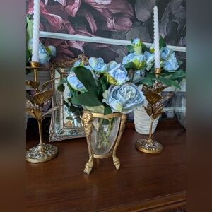 Vintage Gold Metal Urn Vase With Crackle Glass Insert, 1980's